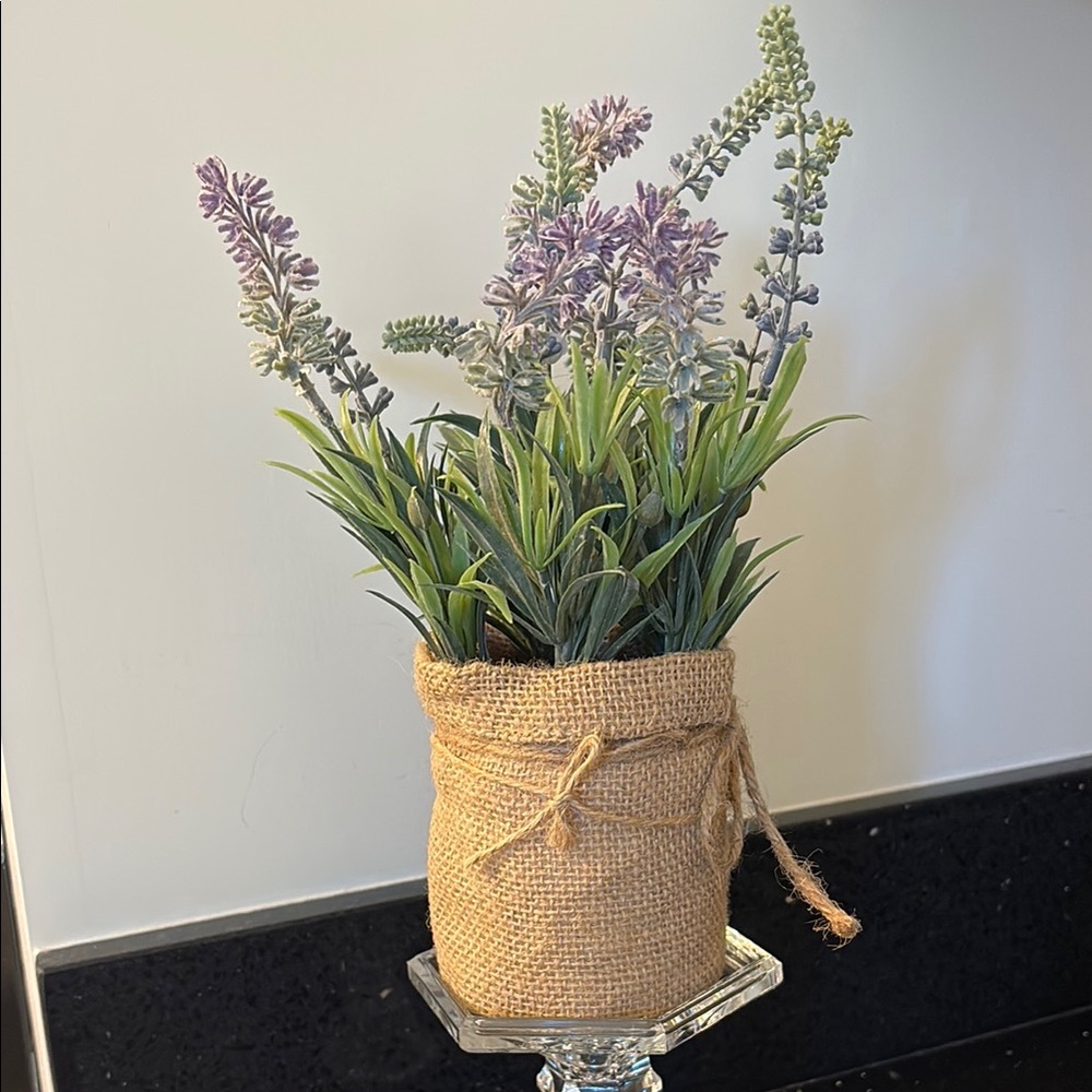 Purple and Green Faux Lavender Floral Greenery Accent in Rustic Burlap Container - Picture 2 of 7